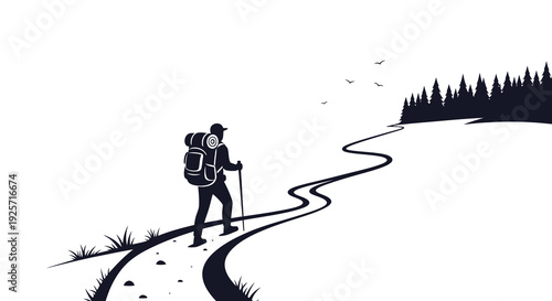 Hiker walking a winding path through a mountainous landscape silhouette