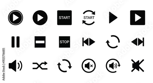 Collection of black media player control icons in a minimalist silhouette