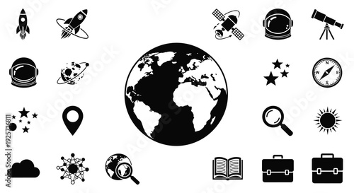 Space exploration icons with a central earth globe silhouette