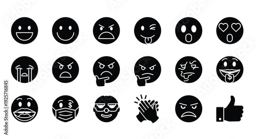 Collection of black emoji faces displaying various expressions silhouette