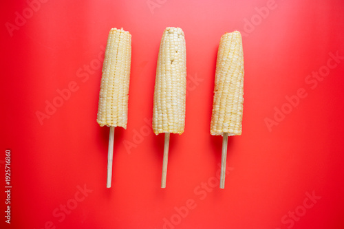 Elotes mexicanos en palillo sobre fondo rojo con textil tradicional colorido