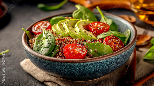 bowl of quinoa salad with avocado tomatoes