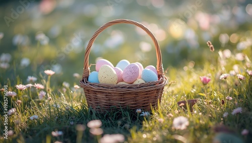 Easter eggs in a wicker basket on a grassy field with flowers pastel colors