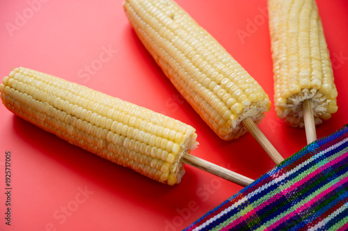 Elotes mexicanos en palillo sobre fondo rojo con textil tradicional colorido