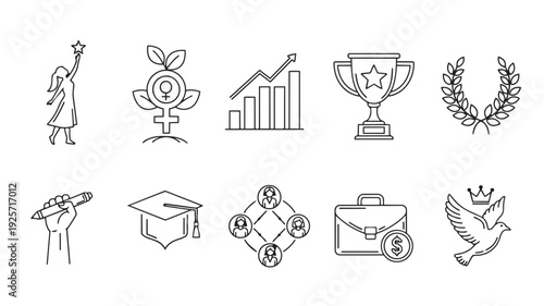Set of business and education icons in minimalist line style with simple shapes and white background for web design