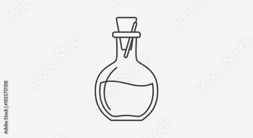 Simple line art illustration of a glass bottle with a cork stopper, containing liquid, often associated with potions or chemicals.