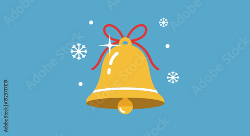 Golden Christmas Bell with Red Ribbon and Snowflakes on Blue Winter Background