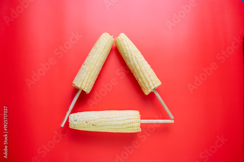 Elotes mexicanos en palillo sobre fondo rojo con textil tradicional colorido
