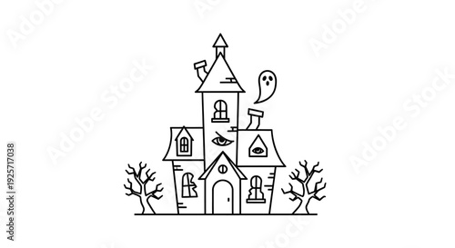 A spooky haunted house line art illustration with bare trees and a floating ghost, perfect for Halloween designs.