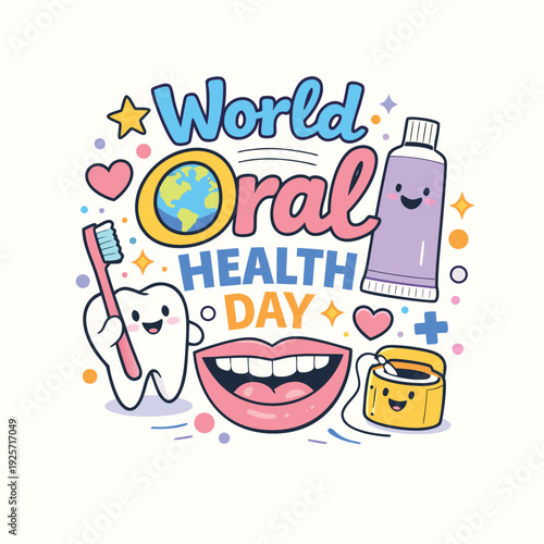 Colorful illustration promoting world oral health day with dental hygiene items and a smiling tooth