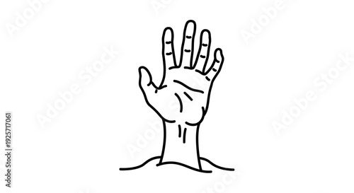 Line art illustration of a human hand reaching upwards from a surface, symbolizing a call for help or emergence.