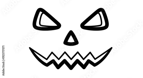 Black and white drawing of a scary Halloween pumpkin face with jagged teeth and triangular eyes.