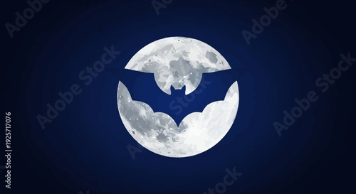 Flying Bat Silhouette in Front of a Full Moon in Dark Night Sky for Halloween Theme