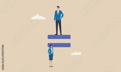 Gender inequality on lady woman such as career, work or social rights issue concept, unequal or not equal sign with businessman on top level and businesswoman on lower level