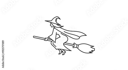 Simple line art drawing of a witch flying on a broomstick, depicted in profile against a white background, perfect for Halloween or fantasy themes.