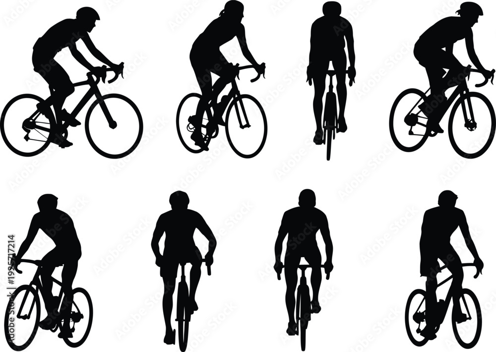 Obraz premium Cyclist silhouettes vector illustration, diverse bicycle riding positions, sports training design, athletic movement concept, cycling stances artwork,