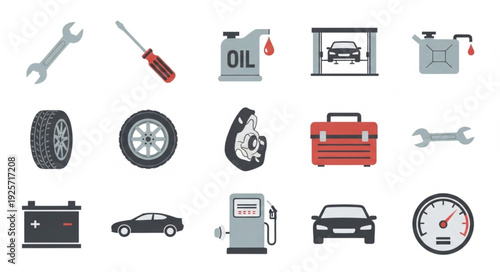 Automotive repair and maintenance tools and equipment icons.