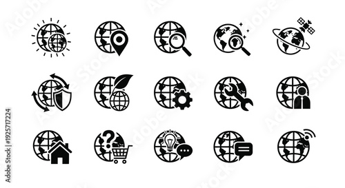 Collection of global icons featuring earth and technology silhouette