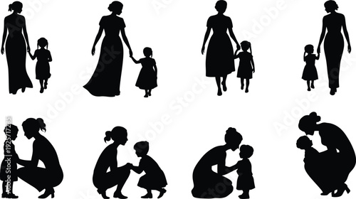 Mother and child silhouettes, parenting bond, family care, nurturing relationship, maternal love, walking together, embracing child, guidance, motherhood vector illustration, parenting concept art