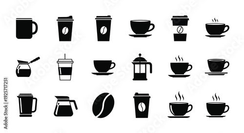 Various coffee cups and related items in a black silhouette