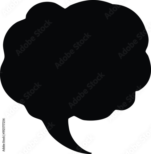 Black cloud shaped speech bubble with a pointed tail on a white background Keywords: black