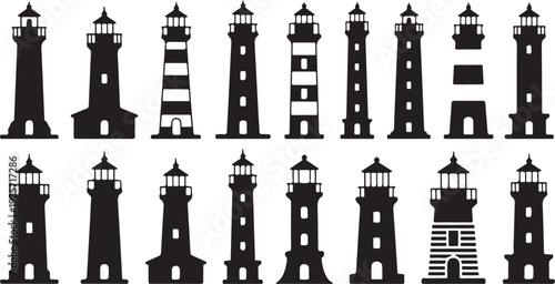 Collection of Silhouette Lighthouses in Various and Styles Beacon Tower black white