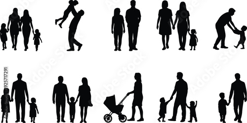 Family silhouettes vector illustration, parents with children walking, playing, standing together, pushing stroller, parenting care, companionship, family dynamics, black silhouettes design