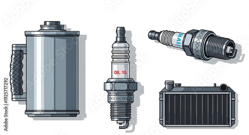 Automotive parts including spark plugs and radiator.
