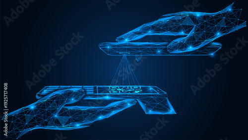 Mobile payment by QR code. One hand holds a payment terminal with a QR code on the screen, the other a smartphone scanning the code with a camera. Polygonal design, blue background.