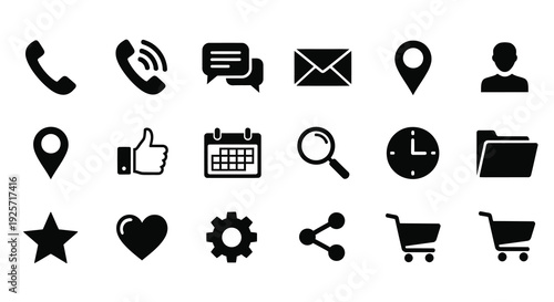 Collection of essential communication and utility icons in black silhouette