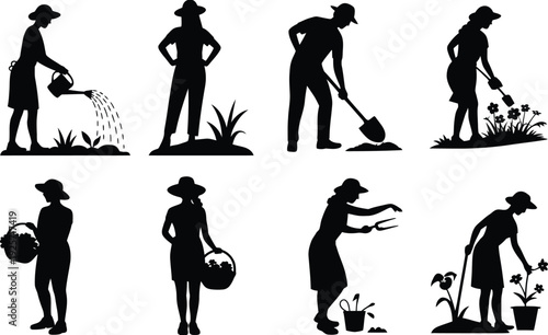 Gardening silhouettes vector illustration, people working in garden, watering plants, digging soil, planting flowers, harvesting produce, pruning, tending pots, outdoor activity, agriculture concept