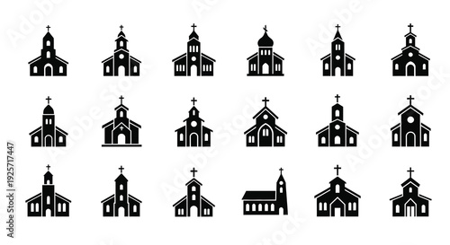 Collection of various church building designs in black silhouette