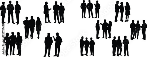 Professional business silhouettes, networking groups, corporate communication, teamwork illustration, office colleagues, social interaction, business people talking