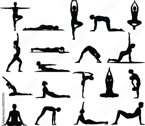 Yoga silhouette vector illustration, diverse poses, meditation, stretching, balance, fitness, wellness, exercise, flexibility, healthy lifestyle, mindfulness, relaxation, body strength, harmony