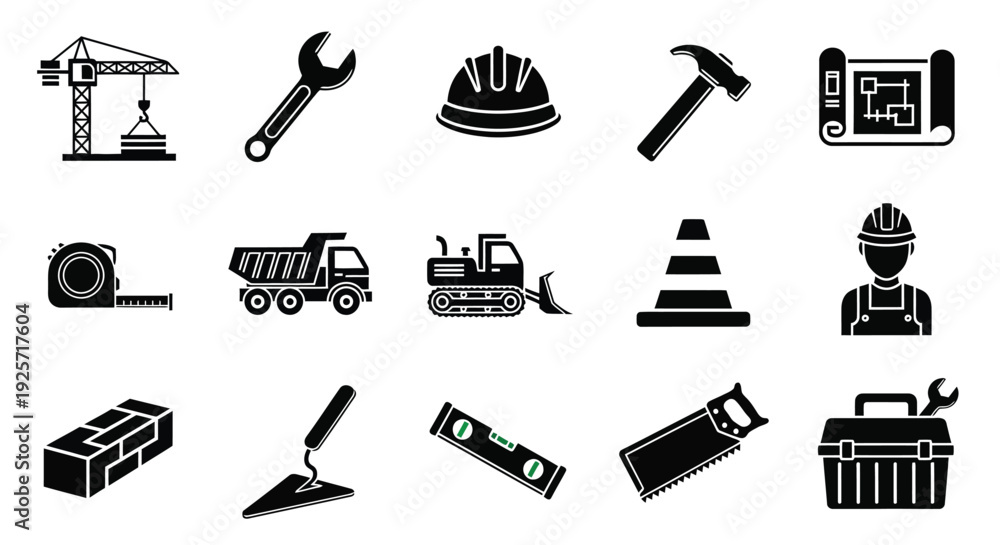 Fototapeta premium Construction tools and equipment depicted in a black silhouette