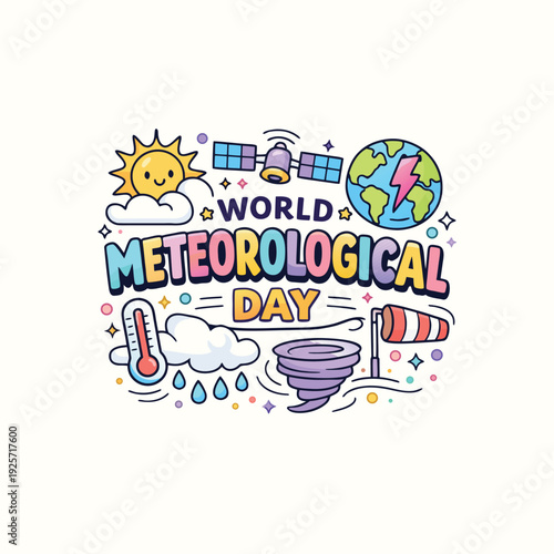 Colorful illustration celebrating world meteorological day with weather icons and a playful design high-quality professional