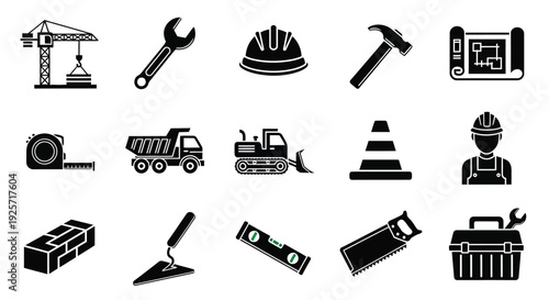 Construction tools and equipment depicted in a black silhouette