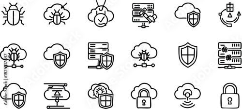 Black line representing cybersecurity and cloud technology concepts on a white background
