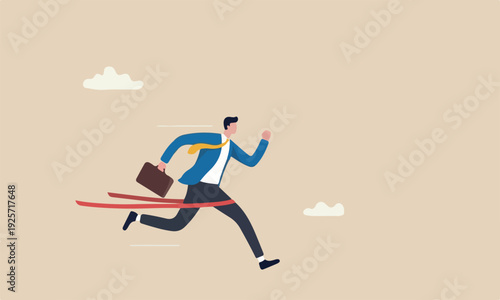 Go extra miles goal, push more effort to ensure succeed, exceed or beyond expectation, dedication concept, businessman running extra mile from finish line to ensure success.