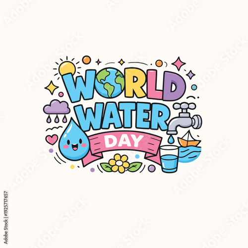 Colorful cartoon illustration promoting world water day with a globe water droplet and tap high-quality
