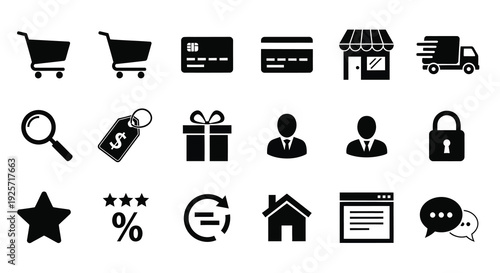 Collection of black icons depicting shopping payment and services silhouette