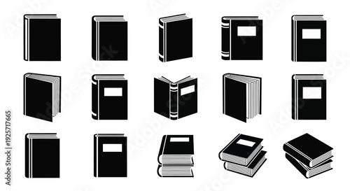 A collection of black book icons in varying orientations silhouette