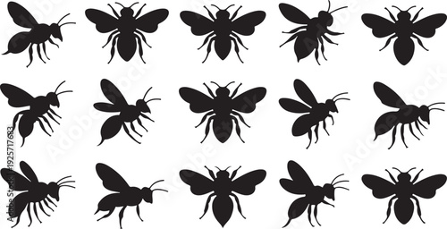 Group of black bee silhouettes in various poses and angles with visible wings bees