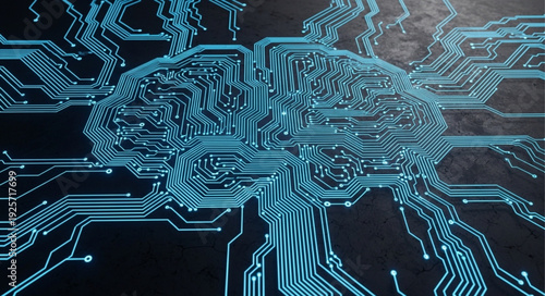 Artificial intelligence brain circuit board glowing blue.