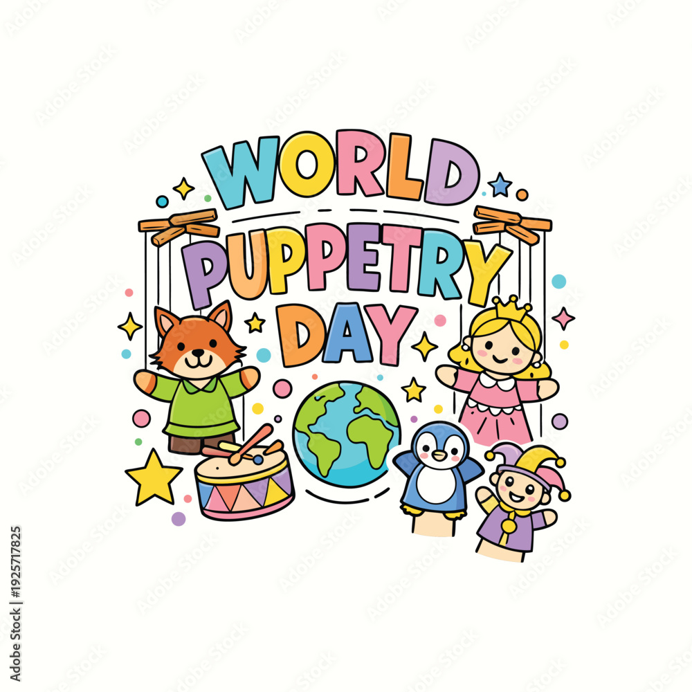 Fototapeta premium Colorful illustration celebrates world puppetry day with adorable animal puppets and a globe high-quality professional
