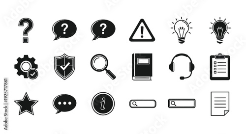 Various black icons depicting ideas questions and solutions silhouette