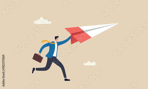 Start entrepreneurship red pillars success, ambitious businessman running about to throwing to launch big paper airplane origami.