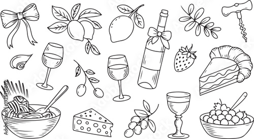 Hand drawn black and white doodle of food drink and decorative