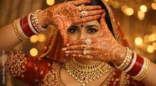 Indian Bride Framing Face with Mehndi Hands in Red Bridal Lehenga for Wedding Promotion Henna Tradition Advertisement and Cultural Ceremony Marketing