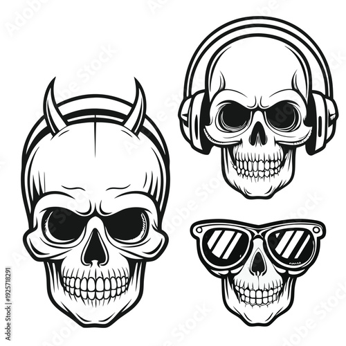 Three Creepy Human Skull Silhouettes in Line Art Style for Macabre Decoration and Design